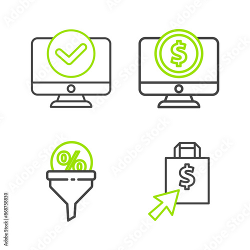 Set line Shoping bag and dollar, Lead management, Computer monitor with and icon. Vector