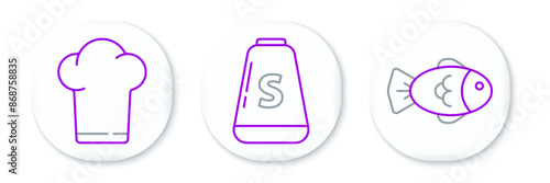 Set line Fish, Chef hat and Salt icon. Vector