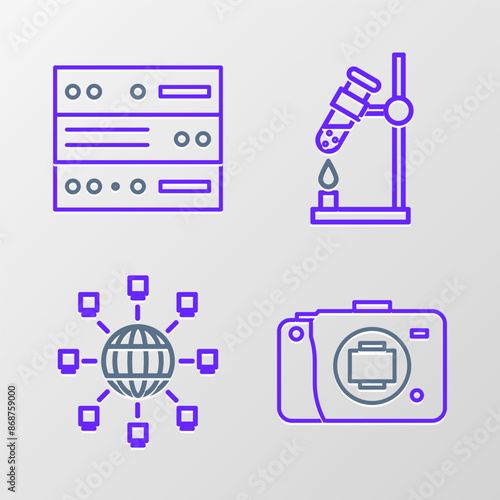 Set line Mirrorless camera, Social network, Test tube flask on fire and Server, Data, Web Hosting icon. Vector
