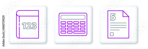 Set line Test or exam sheet, Book with word mathematics and Calculator icon. Vector