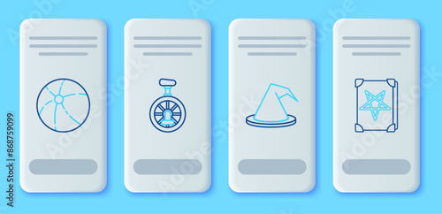 Set line Unicycle or one wheel bicycle, Witch hat, Beach ball and Ancient magic book icon. Vector
