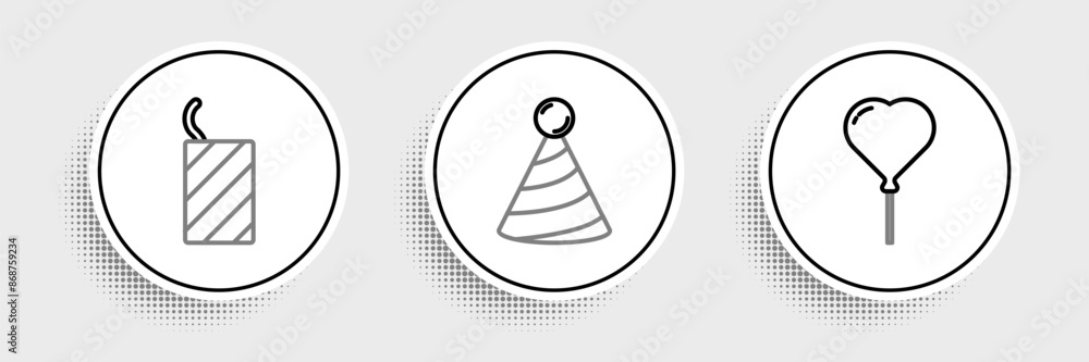 Set line Balloon in form of heart, Firework rocket and Party hat icon. Vector Set line Balloon in form of heart, Firework rocket and Party hat icon. Vector