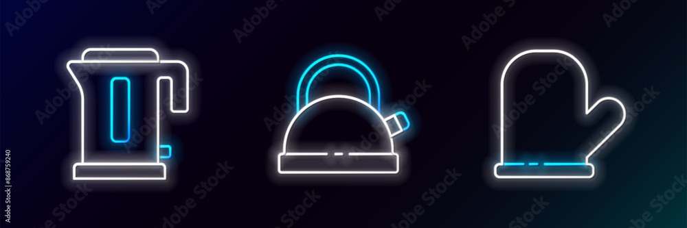 Set line Oven glove, Electric kettle and Kettle with handle icon. Glowing neon. Vector Set line Oven glove, Electric kettle and Kettle with handle icon. Glowing neon. Vector