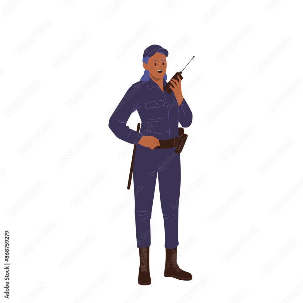 Police woman patrol officer cartoon character in blue uniform speaking walkie-talkie radio device Police woman patrol officer cartoon character in blue uniform speaking walkie-talkie radio device
