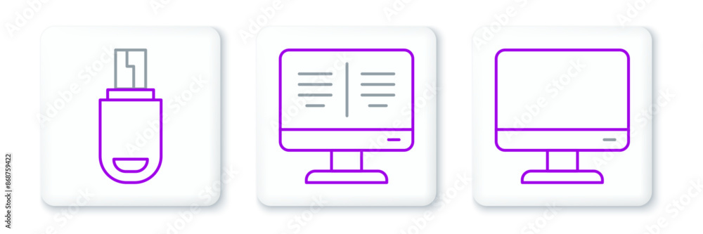 Set line Computer monitor screen, USB flash drive and Online book icon. Vector Set line Computer monitor screen, USB flash drive and Online book icon. Vector