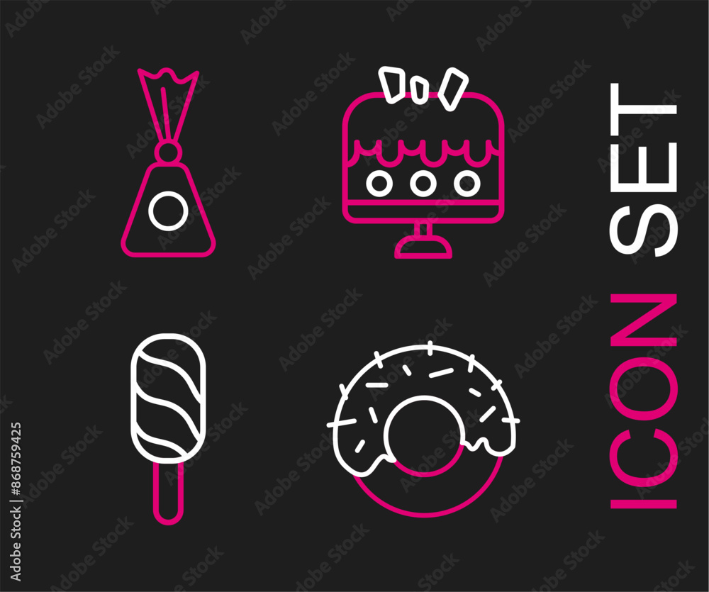 Set line Donut, Ice cream, Cake plate and Candy icon. Vector Set line Donut, Ice cream, Cake plate and Candy icon. Vector