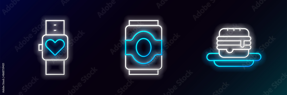 Set line Junk food, Smart watch and Soda can icon. Glowing neon. Vector Set line Junk food, Smart watch and Soda can icon. Glowing neon. Vector