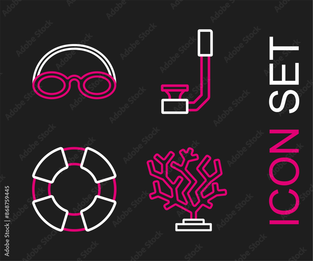 Set line Coral, Lifebuoy, Snorkel and Glasses and cap icon. Vector Set line Coral, Lifebuoy, Snorkel and Glasses and cap icon. Vector