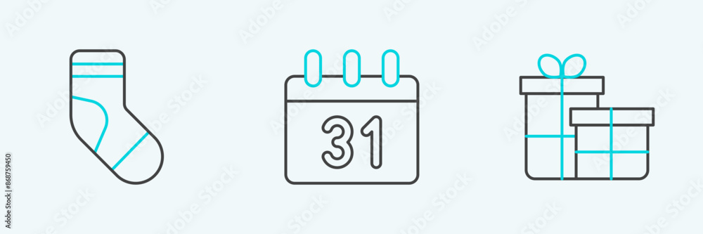 Set line Gift box, Christmas stocking and Calendar icon. Vector Set line Gift box, Christmas stocking and Calendar icon. Vector