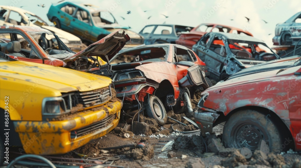 Fototapeta premium Car dump with a lot of broken used cars. Cars going to be shredded in a recycling facility