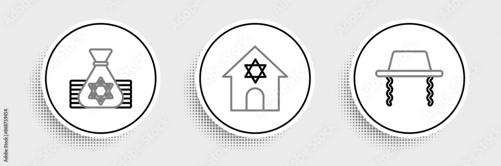 Set line Orthodox jewish hat, Jewish money bag and synagogue icon. Vector Set line Orthodox jewish hat, Jewish money bag and synagogue icon. Vector