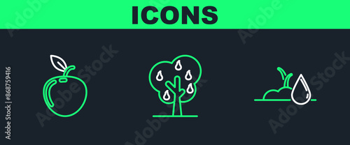 Set line Watering sprout, Apple and Tree with pears icon. Vector