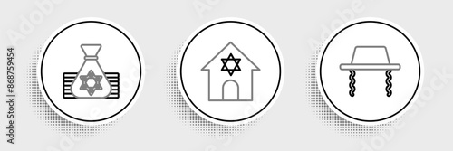 Set line Orthodox jewish hat, Jewish money bag and synagogue icon. Vector