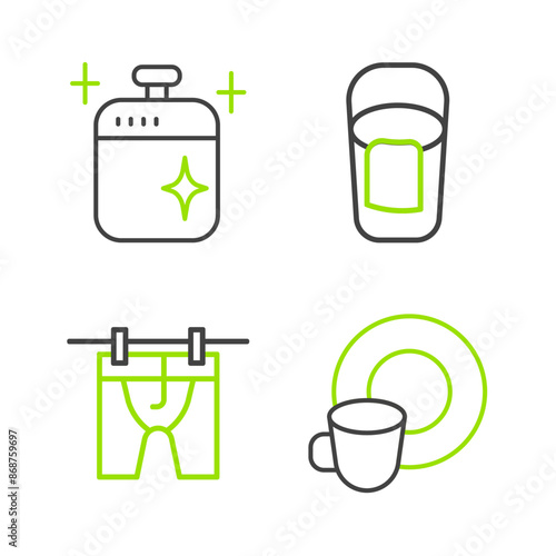 Set line Washing dishes, Drying clothes, Bucket with rag and Clean cooking pot icon. Vector