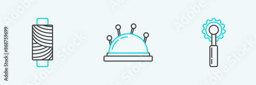 Set line Cutter tool, Sewing thread on spool and Needle bed and needles icon. Vector
