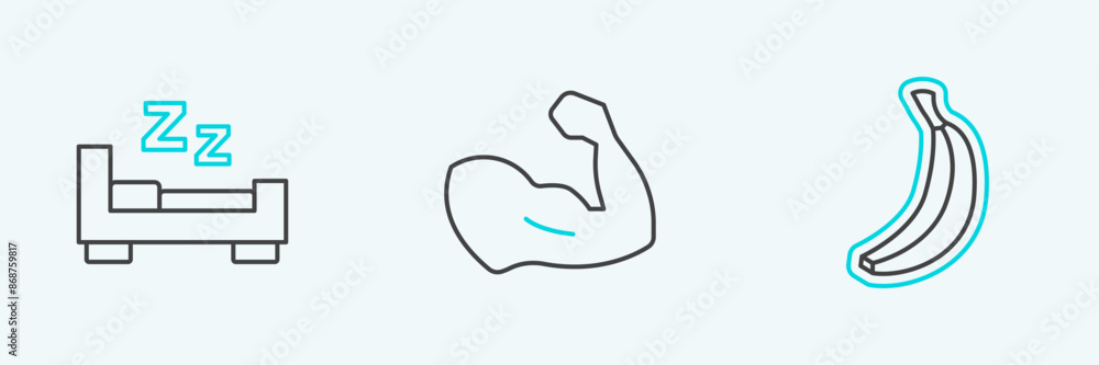 Set line Banana, Time to sleep and Bodybuilder muscle icon. Vector Set line Banana, Time to sleep and Bodybuilder muscle icon. Vector