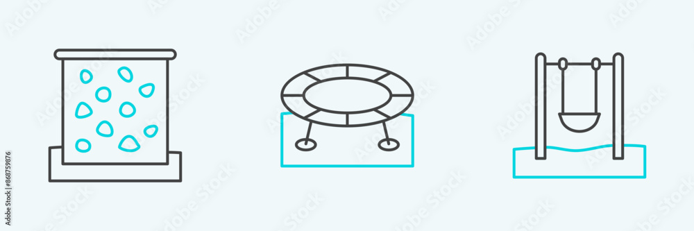 Set line Swing, Climbing wall and Jumping trampoline icon. Vector Set line Swing, Climbing wall and Jumping trampoline icon. Vector