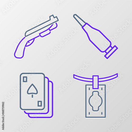 Set line Money laundering, Playing cards, Bullet and Police shotgun icon. Vector