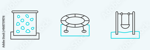 Set line Swing, Climbing wall and Jumping trampoline icon. Vector