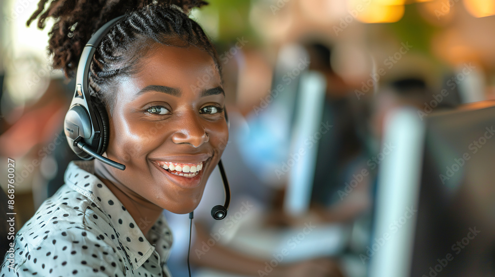 Smiling black woman wearing a headset in a call center. Smiling black woman wearing a headset in a call center.
