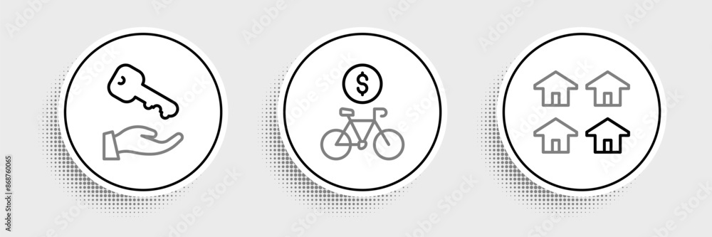 Set line Real estate, House key and Bicycle rental mobile app icon. Vector Set line Real estate, House key and Bicycle rental mobile app icon. Vector