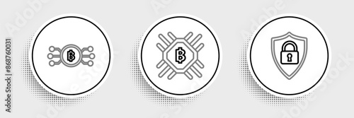 Set line Shield security with lock, Cryptocurrency bitcoin in circle microchip circuit and CPU mining farm icon. Vector
