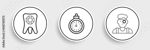 Set line Jeweler man, Tooth with diamond and Pocket watch icon. Vector