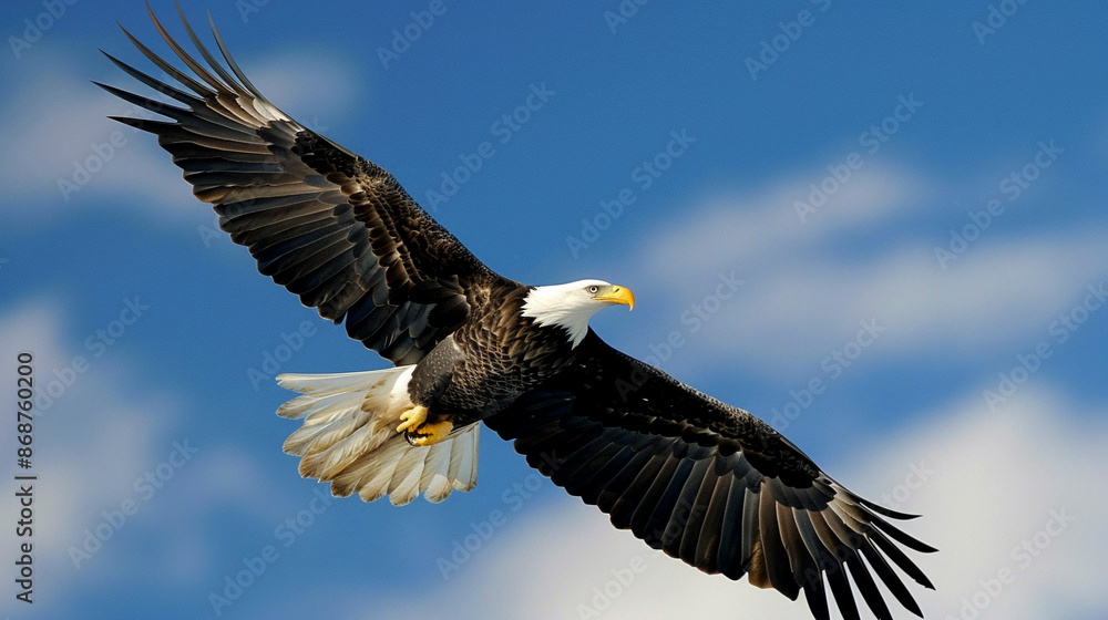 Naklejka premium Bald Eagle Soaring Majestically Against Clear Blue Sky