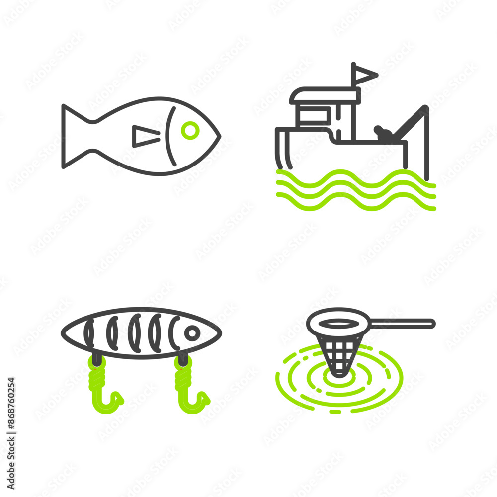 Set line Fishing net in water, lure, boat with fishing rod on and icon. Vector Set line Fishing net in water, lure, boat with fishing rod on and icon. Vector