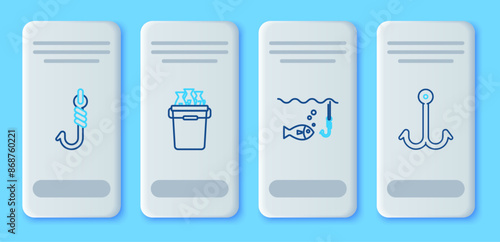 Set line Fishing bucket with fishes, hook under water, and icon. Vector