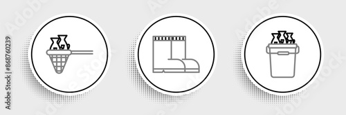 Set line Fishing bucket with fishes, net and boots icon. Vector