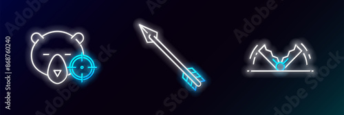 Set line Trap hunting, Hunt on bear with crosshairs and Hipster arrow icon. Glowing neon. Vector
