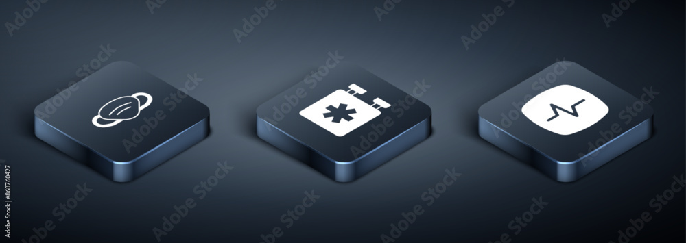 Set Isometric Medical protective mask, Heart rate and Emergency - Star of Life icon. Vector Set Isometric Medical protective mask, Heart rate and Emergency - Star of Life icon. Vector