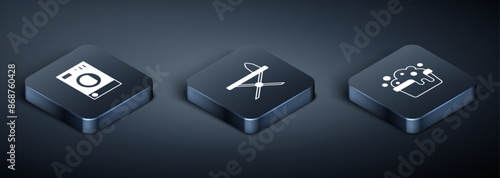 Set Isometric Washer, Basin with soap suds and Iron and ironing board icon. Vector