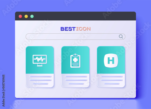 Set Patient record, Monitor with cardiogram and Hospital signboard icon. Vector