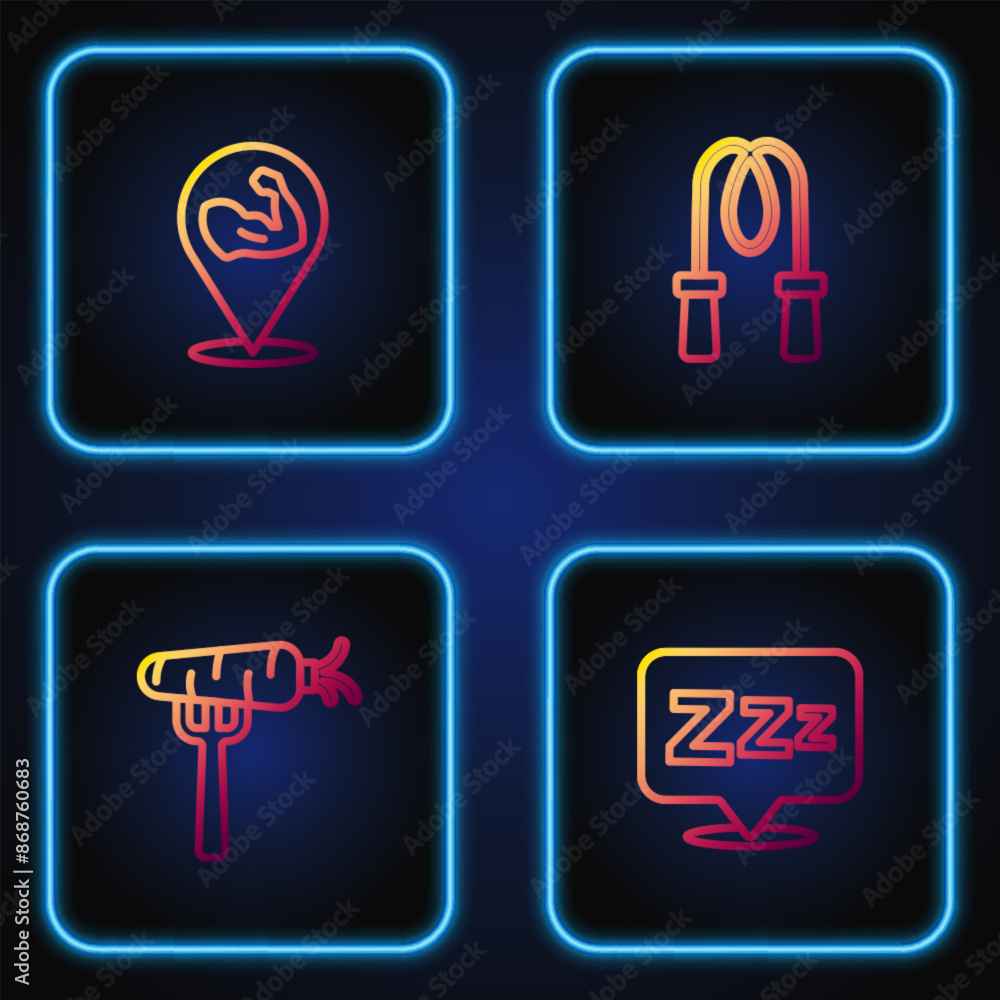 Set line Sleepy, Carrot on fork, Bodybuilder muscle and Jump rope. Gradient color icons. Vector Set line Sleepy, Carrot on fork, Bodybuilder muscle and Jump rope. Gradient color icons. Vector