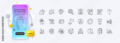 Report document, Agreement document and Sunscreen line icons for web app. Phone mockup gradient screen. Pack of Covid test, Attention, Diagram graph pictogram icons. Vector