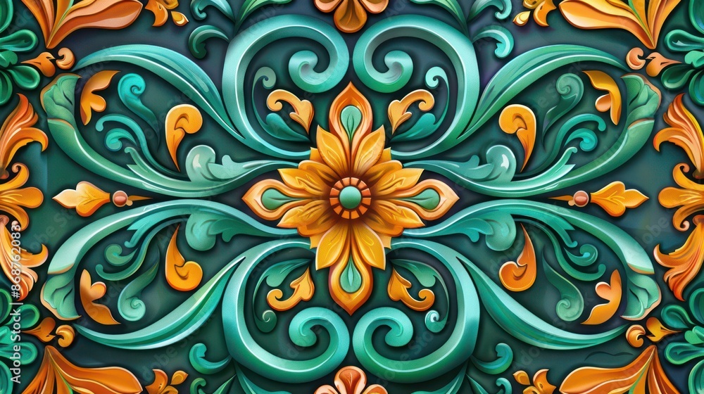 Fototapeta premium Ornate floral pattern with green and orange swirls and leaves