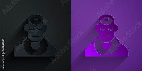 Paper cut Wizard warlock icon isolated on black on purple background. Paper art style. Vector