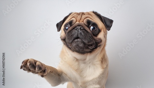 friendly cute pug raised up and gives a paw on a white background