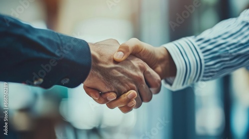 Business agreement sealed with a handshake between a mid-aged manager and client in an office setting. Mid aged manager successful deal © cvetikmart