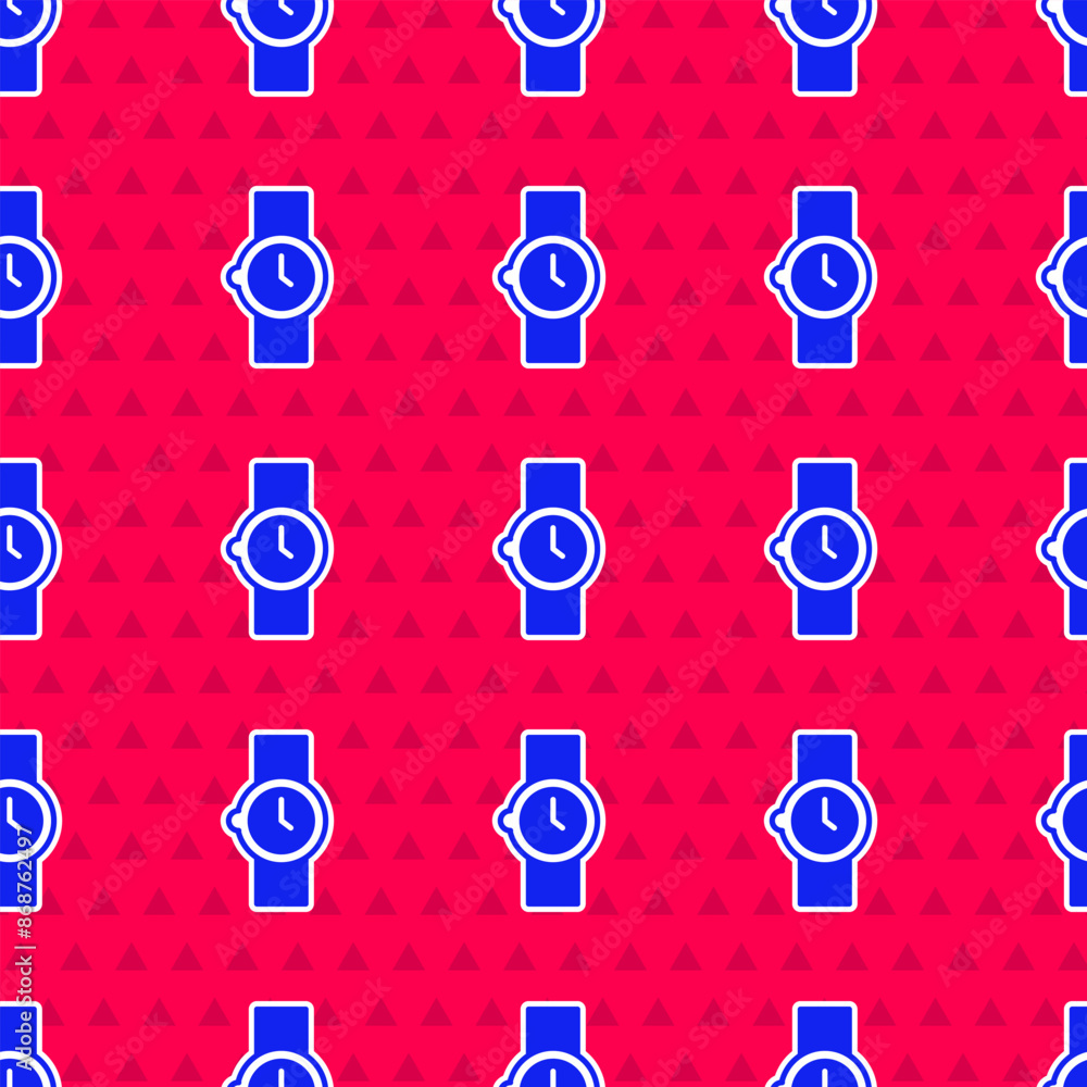 Blue Wrist watch icon isolated seamless pattern on red background. Wristwatch icon. Vector Blue Wrist watch icon isolated seamless pattern on red background. Wristwatch icon. Vector