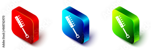 Isometric Sauna brush icon isolated on white background. Wooden brush with coarse bristles for washing in the bath. Anti cellulite massage. Red, blue and green square button. Vector