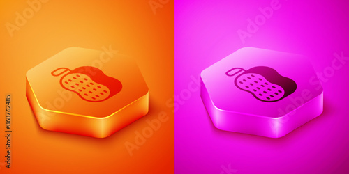 Isometric Washcloth icon isolated on orange and pink background. Bath house sauna washcloth sign. Item for pleasure and relaxing. Hexagon button. Vector