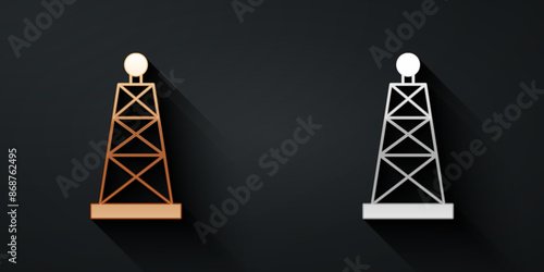 Gold and silver Oil rig icon isolated on black background. Gas tower. Industrial object. Long shadow style. Vector