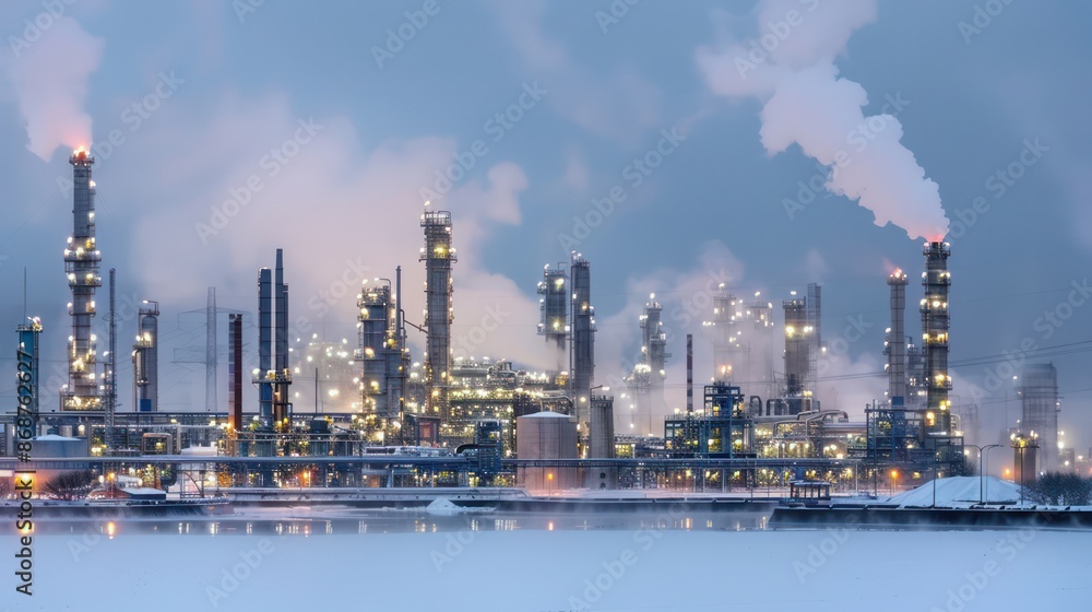 Industrial factory plant emitting smoke during cold winter morning. Industrial factory plant emitting smoke during cold winter morning.