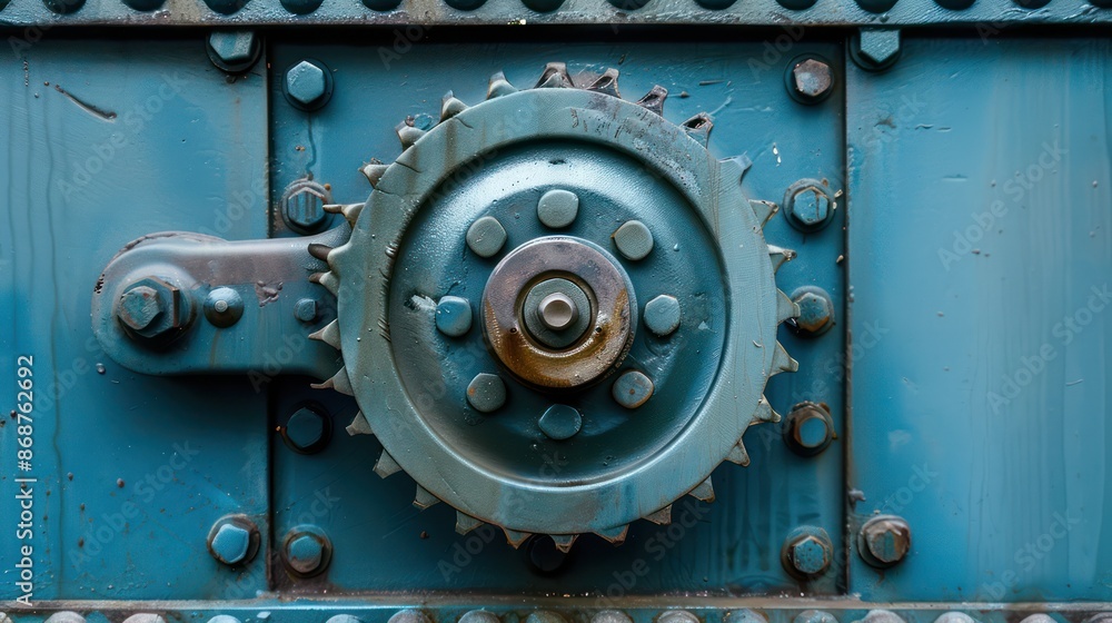 Industrial close-up of a blue metal gear mechanism with bolts. Industrial close-up of a blue metal gear mechanism with bolts.