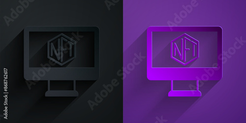 Paper cut Monitor with art store app icon isolated on black on purple background. Technology of selling NFT tokens for cryptocurrency. Non fungible token concept. Paper art style. Vector