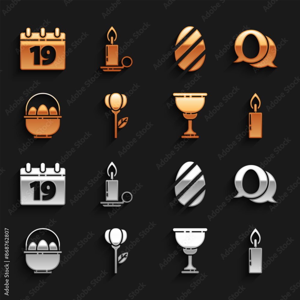 Set Flower tulip, Speech bubble with easter egg, Burning candle, Christian chalice, Basket eggs, Easter, Calendar Happy and candlestick icon. Vector Set Flower tulip, Speech bubble with easter egg, Burning candle, Christian chalice, Basket eggs, Easter, Calendar Happy and candlestick icon. Vector