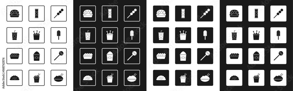 Set Meatballs on wooden stick, Chicken leg in package box, Paper glass with straw, Burger, Ice cream, Chocolate bar, Lollipop and nuggets icon. Vector Set Meatballs on wooden stick, Chicken leg in package box, Paper glass with straw, Burger, Ice cream, Chocolate bar, Lollipop and nuggets icon. Vector